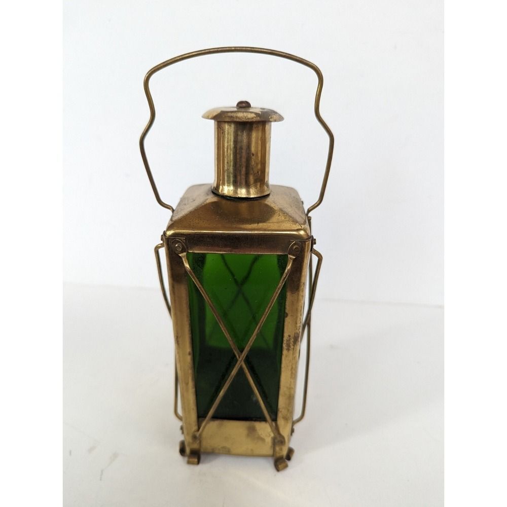 Vtg Music Box Brass Lantern Green Glass Decanter Made In Sweden. 10" Need Repair